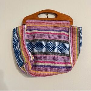 Striped Multicolor Tote with Wooden Handle